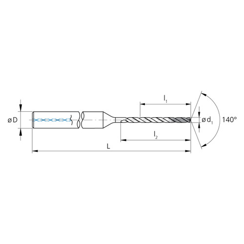 Mikron Tool 2.CD.100285.ATC | CrazyDrill Cool Titanium 1.00 - 6.35mm Diameter Range x 4.00mm Shank x 28.50mm LOC x 80.00mm OAL 2 Flute eXedur SNP Coated Pilot Drill