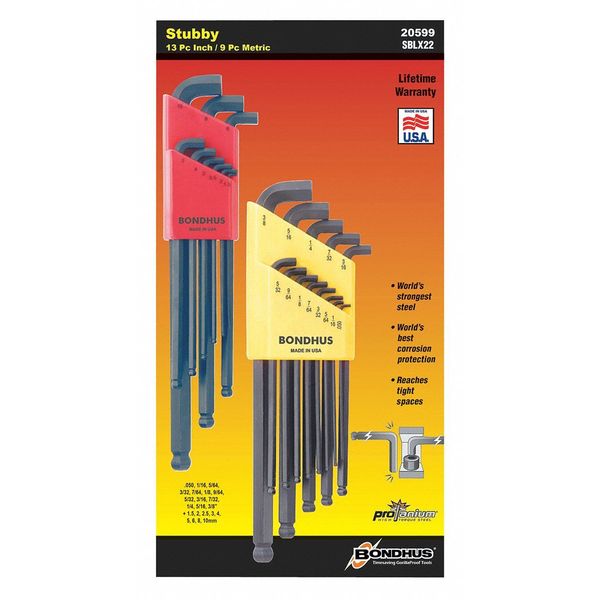 Bondhus 20599 | 22pc 0.050 - 3/8" L-Key Ball End Hex Key Set