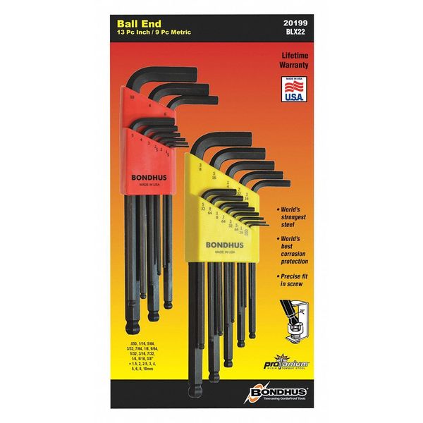 Bondhus 20199 | 22pc 0.050 - 3/8" L-Key Ball End Hex Key Set