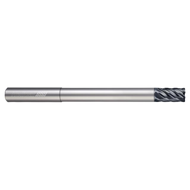 Helical Solutions 82611 | HEV-RN-R-60250-R.020 1/4" Diameter x 1/4" Shank x 3/8" LOC x 1-1/8" Reach x 4" OAL x 0.0200" Corner Radius 6 Flute Aplus Coated Solid Carbide Reduced Neck End Mill For Steels, High-Temp Alloys & Titanium