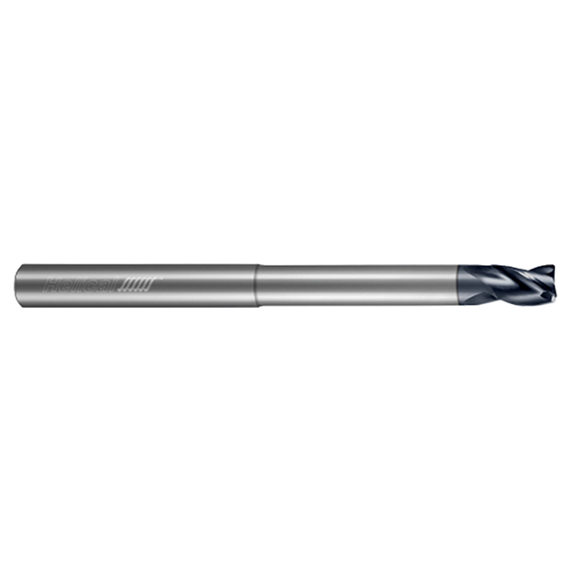 Helical Solutions 10122 | HST-RN-R-30250-R.020 1/4" Diameter x 1/4" Shank x 3/8" LOC x 1-1/8" Reach x 4" OAL x 0.0200" Corner Radius 3 Flute Aplus Coated Solid Carbide Reduced Neck End Mill For Steels, High-Temp Alloys & Titanium