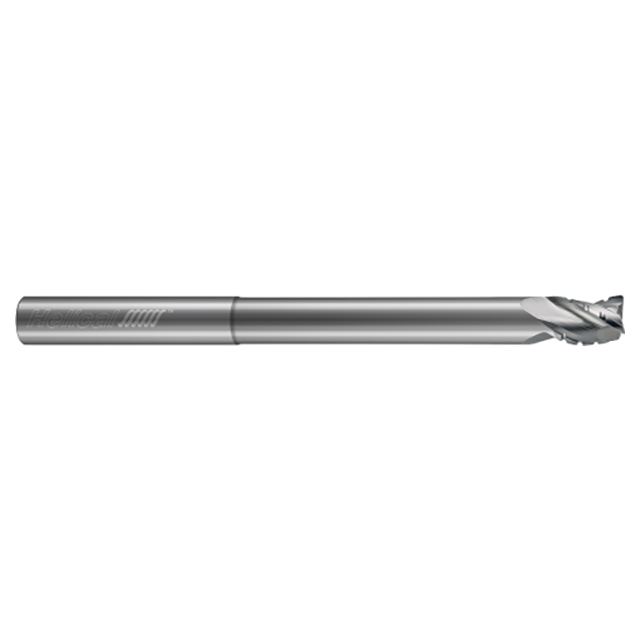 Helical Solutions 82165 | H35ALV-C-RN-085-30250-R.010 1/4" Diameter x 1/4" Shank x 3/8" LOC x 2-1/8" Reach x 4" OAL x 0.010" Corner Radius 3 Flute Uncoated Solid Carbide Reduced Neck Roughing End Mill For Aluminum