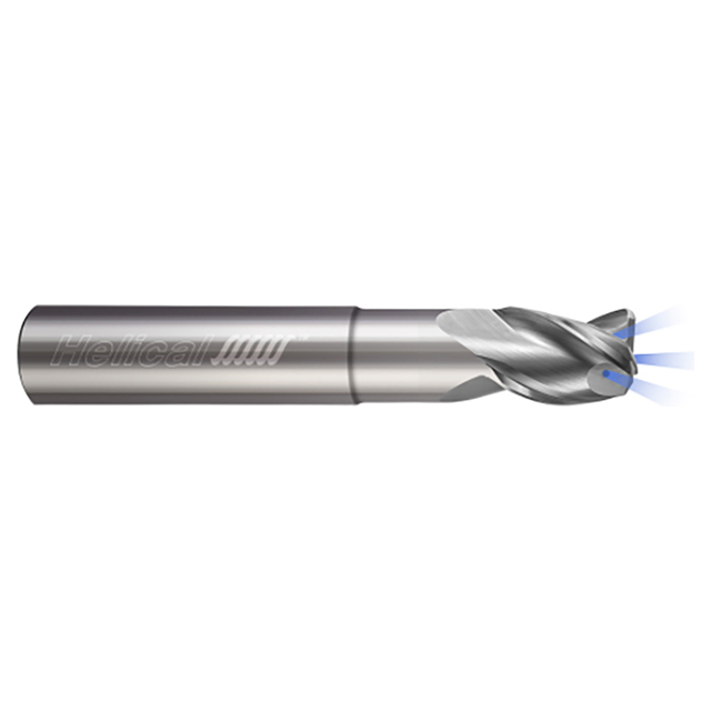 Helical Solutions 60026 | HMGC-RN-040-30375-R.030 3/8" Diameter x 3/8" Shank x 1/2" LOC x 1-1/2" Reach x 2-3/4" OAL x 0.030" Corner Radius 3 Flute Uncoated Solid Carbide Reduced Neck End Mill For Aluminum - Coolant Through
