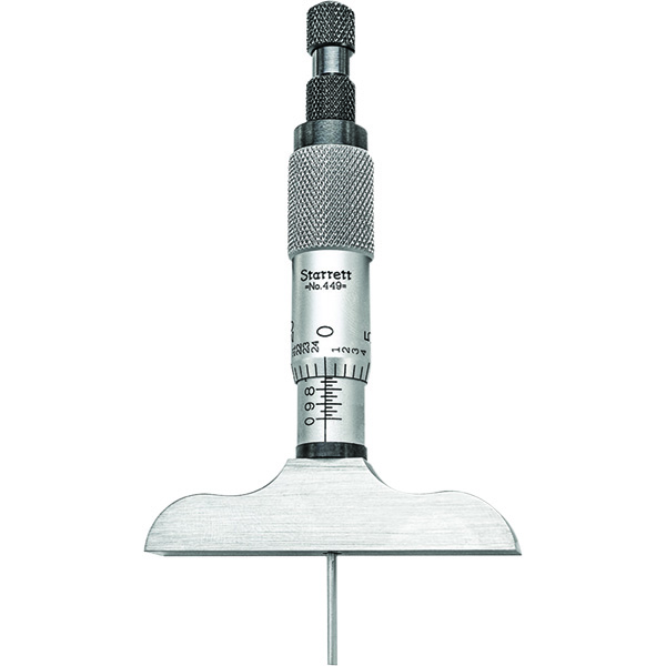 Starrett 449AZ-3R | 0"-3" Range Depth Micrometer 0.0010" Graduation 2-1/2" Base Length Ratchet Thimble