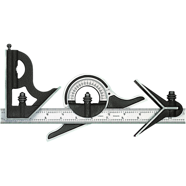 Starrett 9-12-4R | 4 Pc. 12" Hardened Steel Blade Combination Square 4R Graduation with Square, Center, Protractor Head