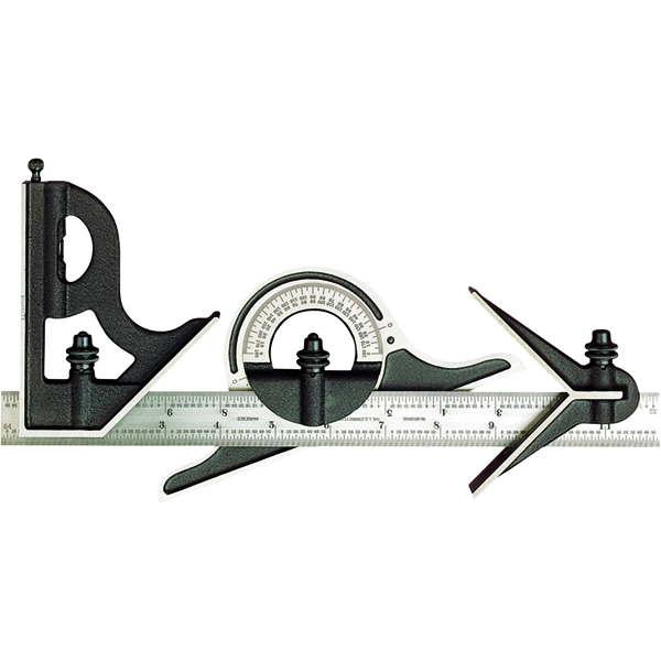 Starrett 9-12-16R | 4 Pc. 12" Hardened Steel Blade Combination Square 16R Graduation with Square, Center, Protractor Head