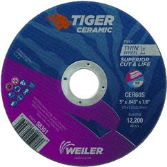 Weiler 58301 | 5" Diameter x 7/8" Hole x 3/64" Thickness 12200 RPM 60 Grit Ceramic Type 1 Cutoff Wheel