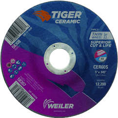 Weiler 58307 | 5" Diameter x 7/8" Hole x 3/64" Thickness 12200 RPM 60 Grit Ceramic Type 27 Cutoff Wheel