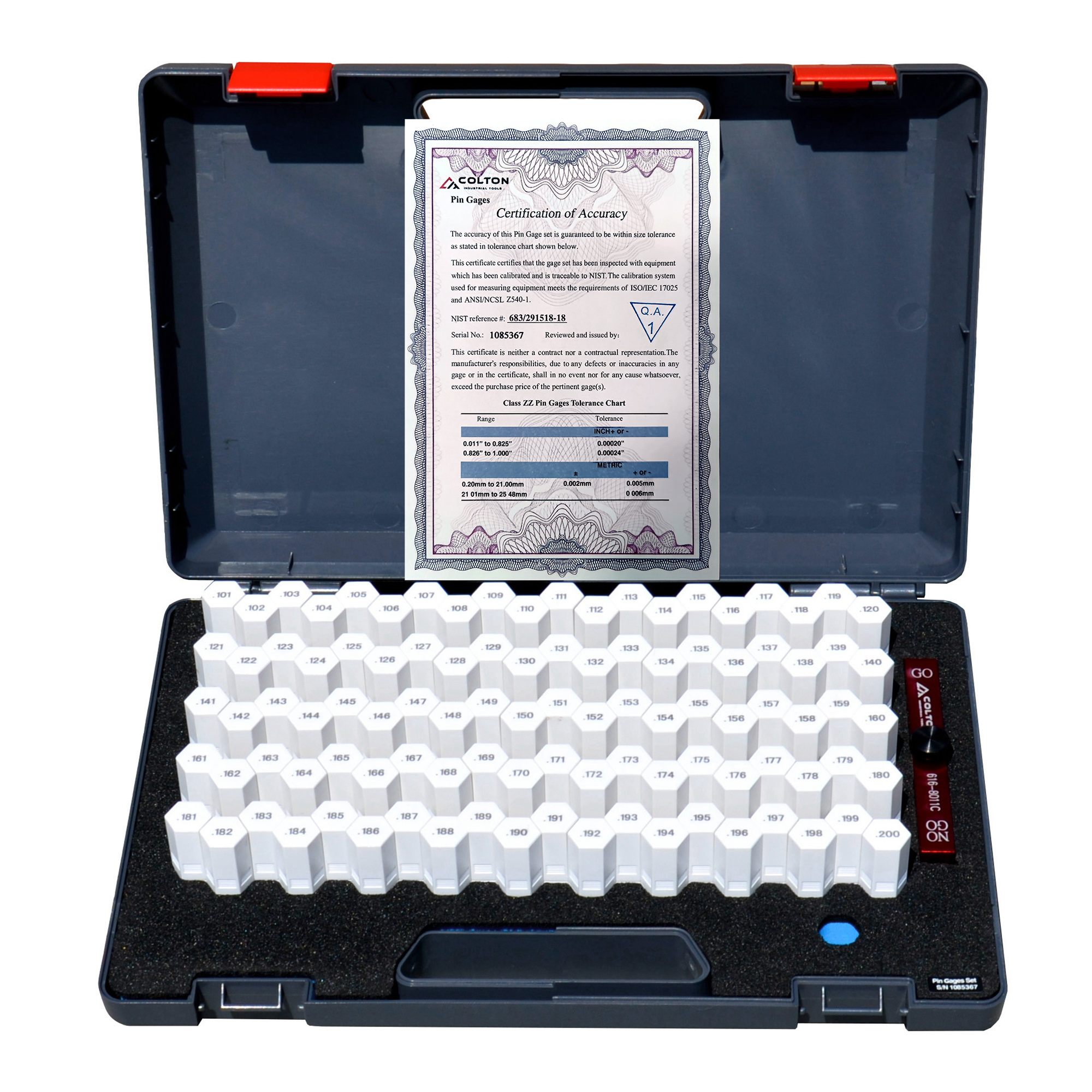 Colton Industrial Tools 46008 | Pin Gage Set, 0.101" to 0.200" Minus Tolerance, Class ZZ (.0002" Accuracy), With Handle, 100 Pins