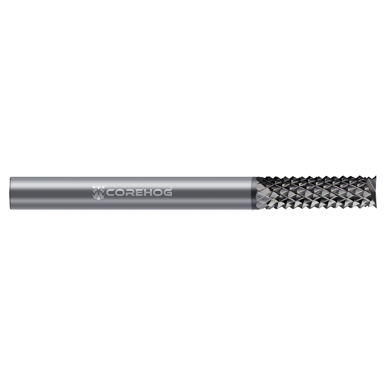 CoreHog C89565 | 0.3750" (3/8) Cutter Diameter x 0.3750" (3/8) Shank x 1.2500" (1-1/4) LOC 10 Flute Diamond Like Carbon Coated Solid Carbide Square End Diamond Pattern Router Bit