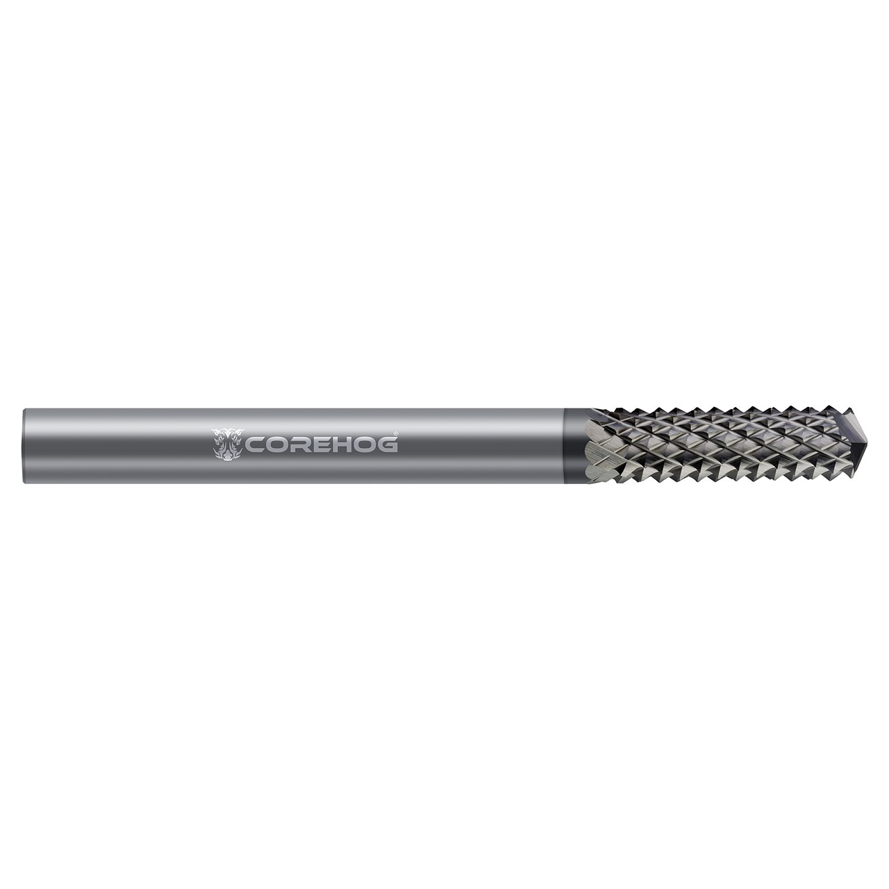 CoreHog C30807 | 0.3750" (3/8) Cutter Diameter x 0.3750" (3/8) Shank x 1.2500" (1-1/4) LOC 10 Flute Diamond Like Carbon Coated Solid Carbide Drill End Diamond Pattern Router Bit