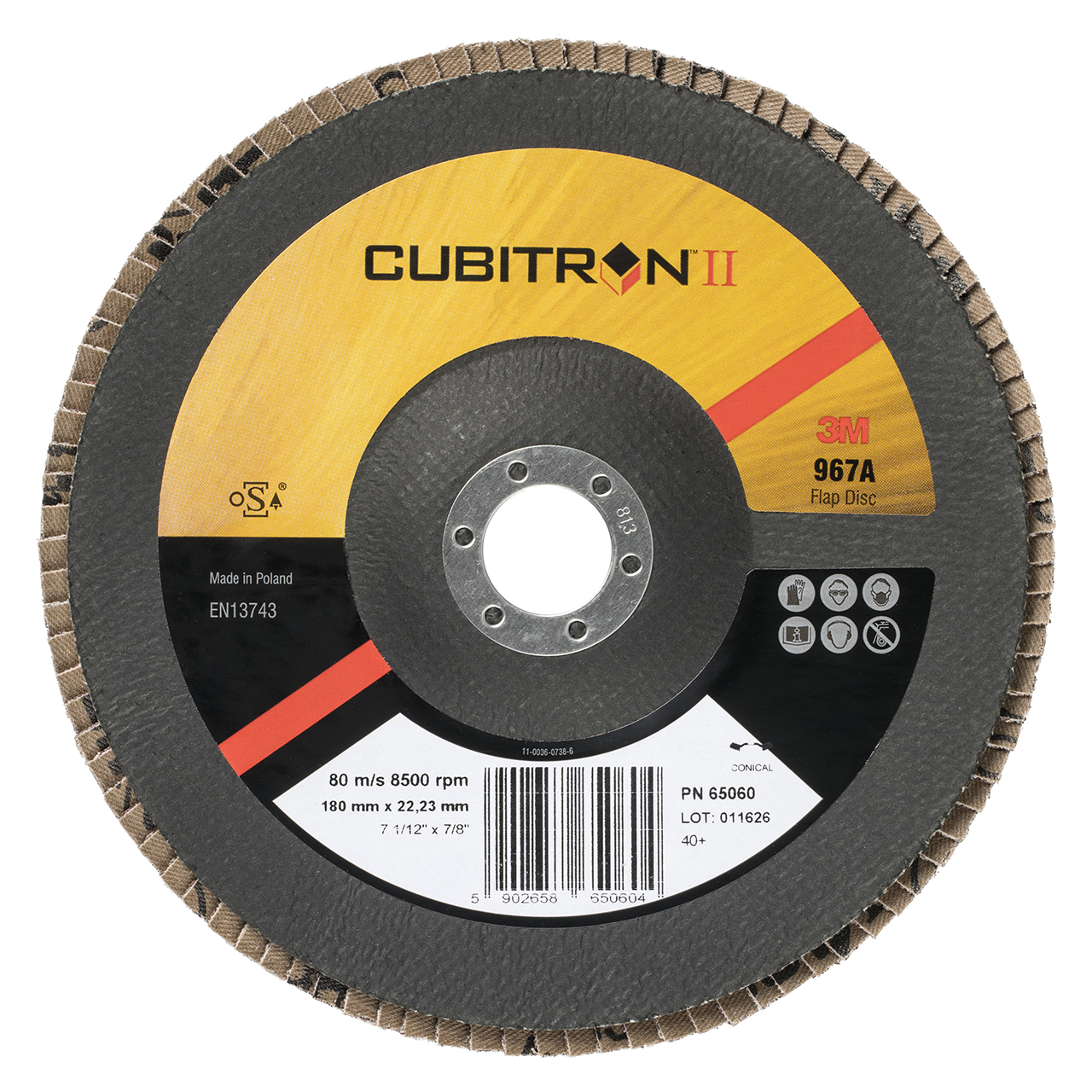3M 7000148196 | Cubitron II 5" OAD 967A x 7/8" Hole Diameter Y Weight 40+ Grit Precision Shaped Ceramic Flap Disc