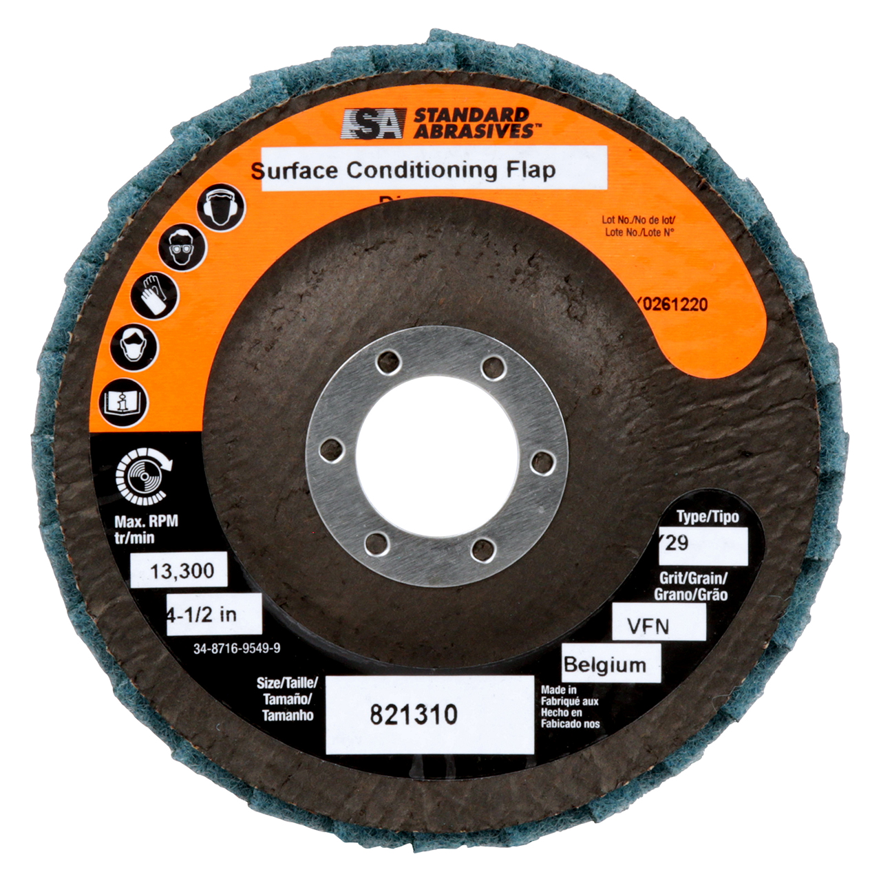 3M 7000121835 | 821310 Standard Abrasives 4-1/2" OAD x 7/8" Hole Diameter Very Fine Aluminum Oxide Surface Conditioning Flap Disc