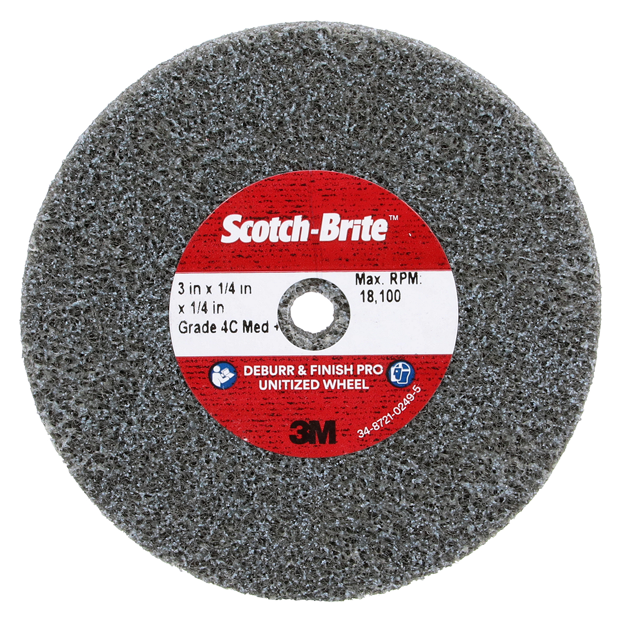 3M 7010365693 | Scotch-Brite 3" Diameter x 1/4" Width Medium+ Grade Precision Shaped Ceramic Deburr & Finish Pro Unitized Wheel