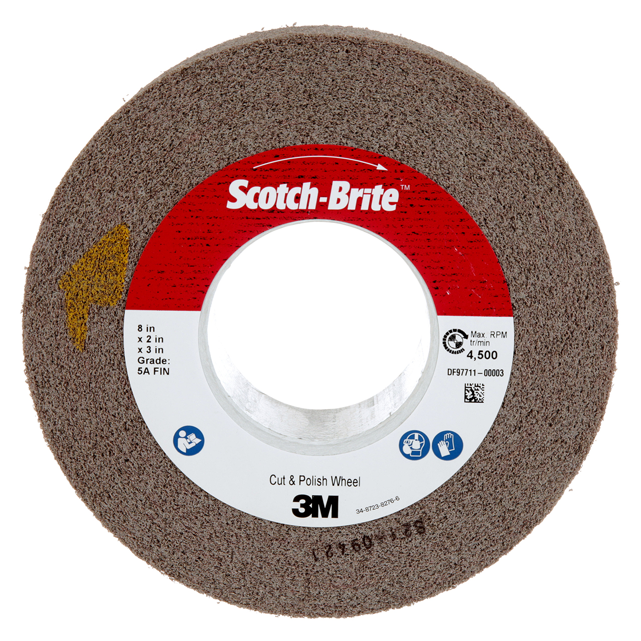 3M 7000045993 | Scotch-Brite 3" Hole Diameter x 8" OAD x 2" Width Fine Grade Aluminum Oxide Cut and Polish Wheel