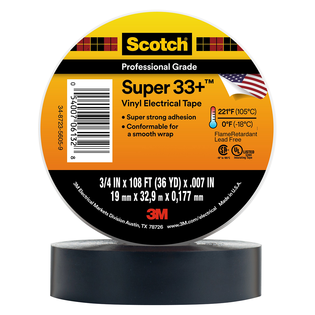 3M 7000057831 | 33+-3/4X36YD-1 Scotch 108' OAL x 0.750" Width x 7.0 mil Thickness Electrical Tape