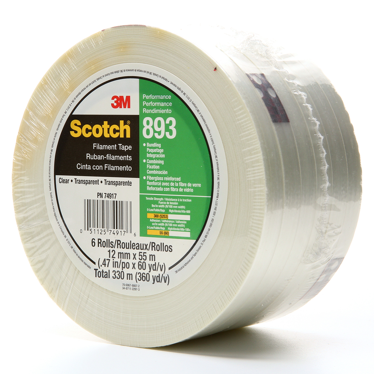 3M 7000123845 | Scotch 3.000" Size x 360.900yd OAL x 0.470" Width Polypropylene Film 893 Filament Tape - Transparent