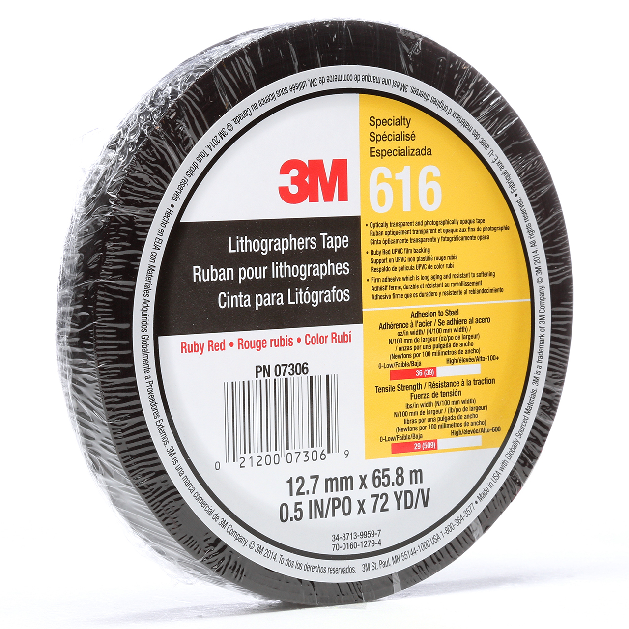 3M 7000050037 | 72.000yd Overall Length x 0.500" Width x 1.600mil Baking Thickness UPVC 616 Specialty Application Tape - Ruby Red