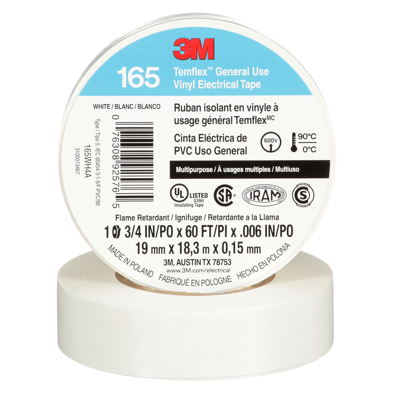 3M 7100169491 | 165WH4A Temflex 60' OAL x 0.750" Width x 0.006" Thickness Electrical Tape