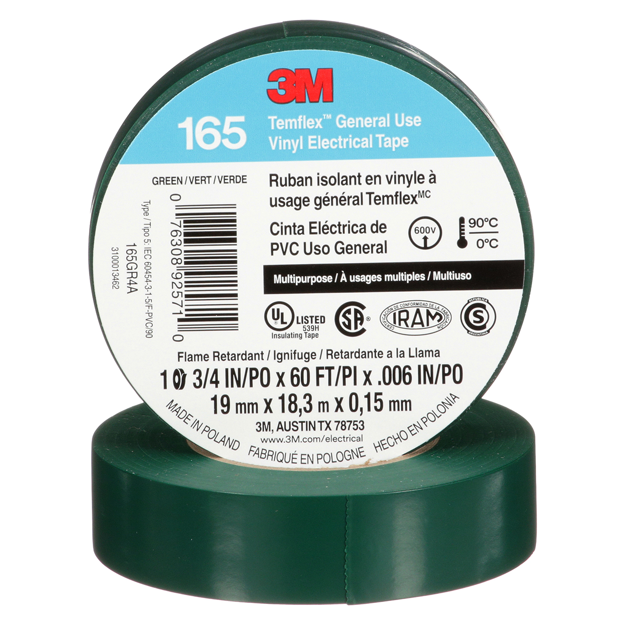 3M 7100169430 | 165GR4A Temflex 60' OAL x 0.750" Width x 0.006" Thickness Electrical Tape