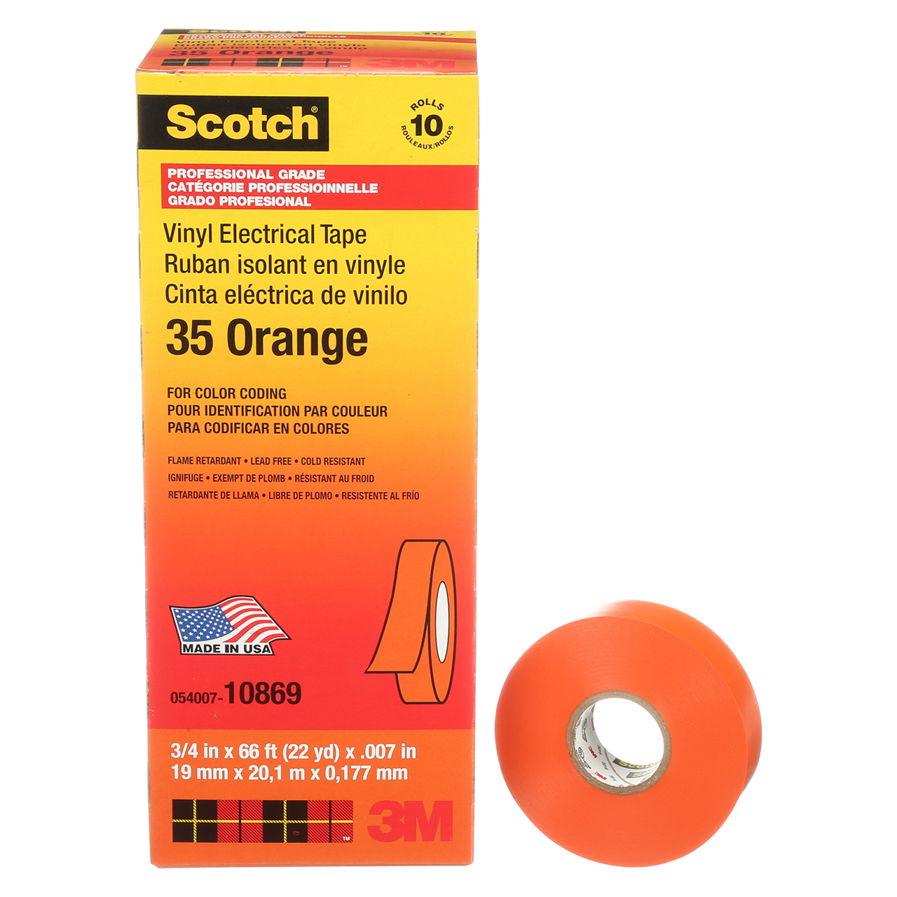 3M 7000031581 | 35-3/4X66FT-OR Scotch 66' OAL x 0.750" Width x 7.0 mil Thickness Color Coding Electrical Tape