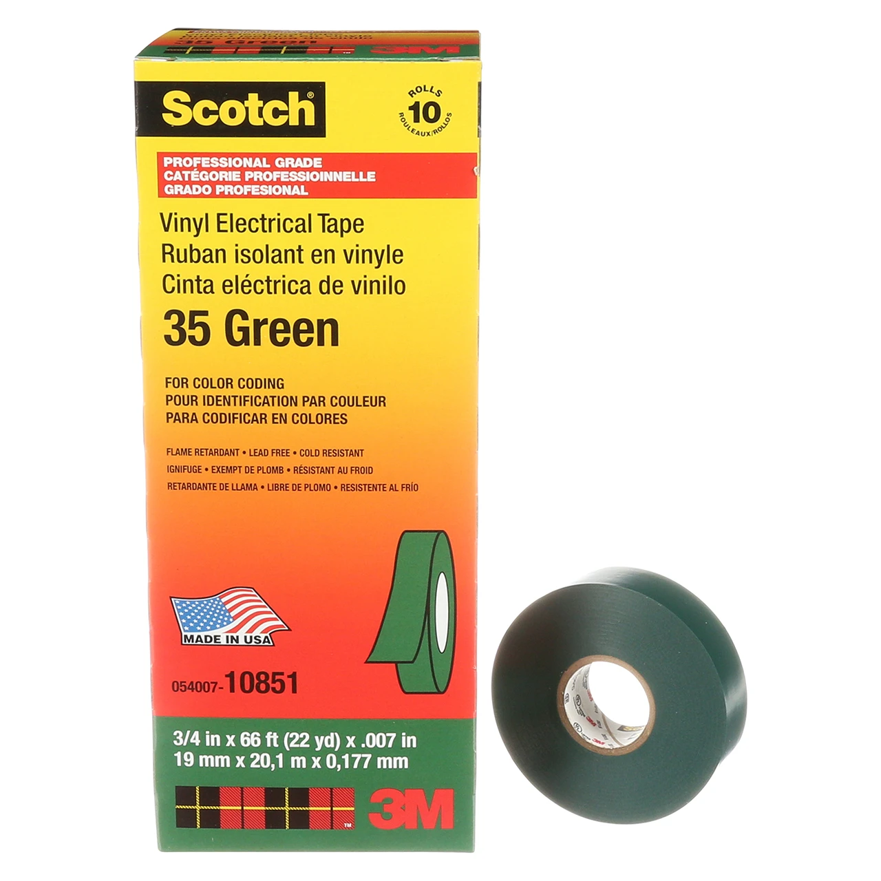 3M 7000006098 | 35-3/4X66FT-GN Scotch 66' OAL x 0.750" Width x 7.0 mil Thickness Color Coding Electrical Tape
