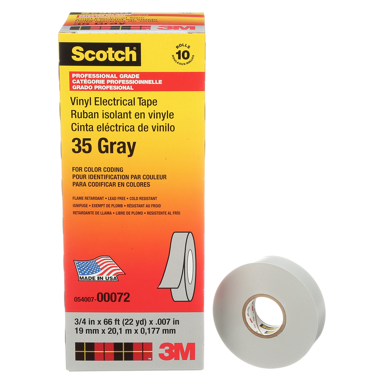3M 7000006099 | 35-3/4X66FT-GY Scotch 66' OAL x 0.750" Width x 7.0 mil Thickness Color Coding Electrical Tape