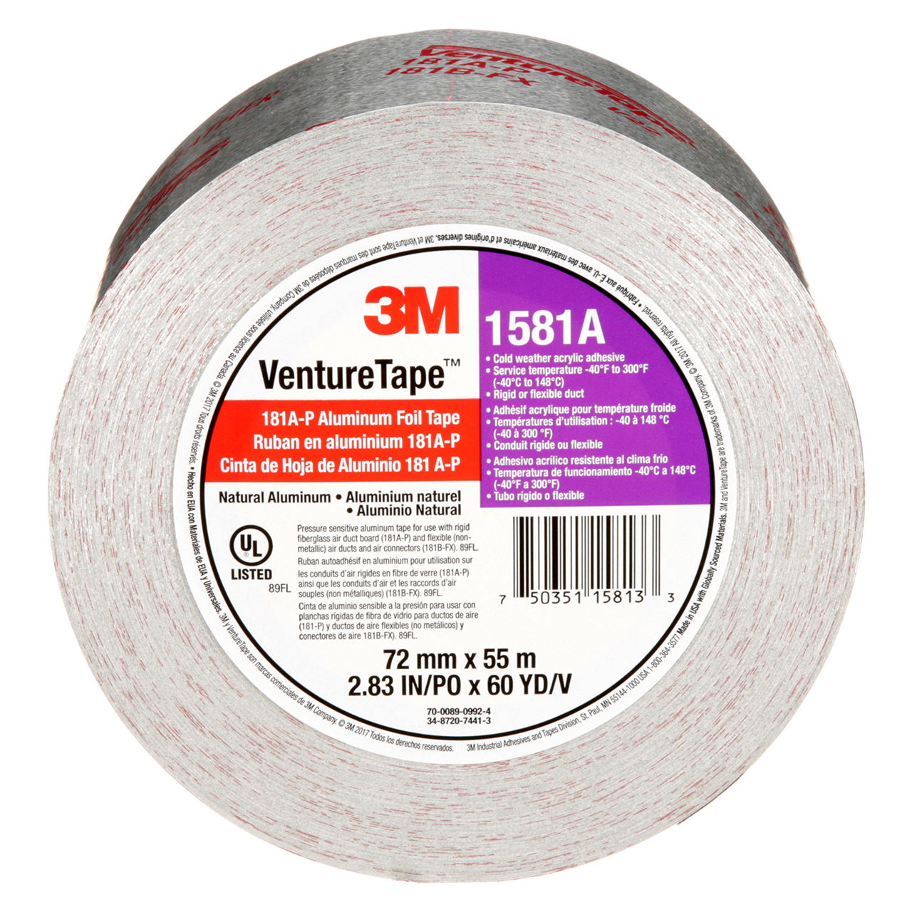 3M 7100043929 | 1581A Venture Tape 60.14 yd x 2.830" Width Aluminum Tape