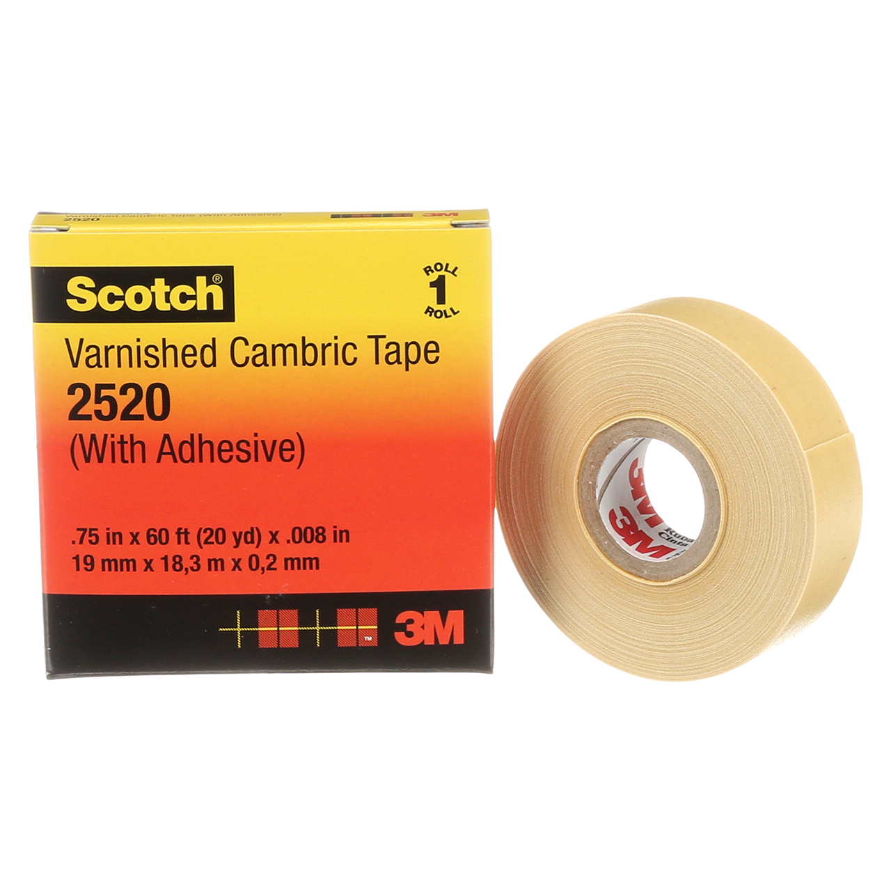 3M 7000031629 | 2520-3/4X60FT Scotch 60' OAL x 0.750" Width x 8.0 mil Thickness Varnished Cambric Tape