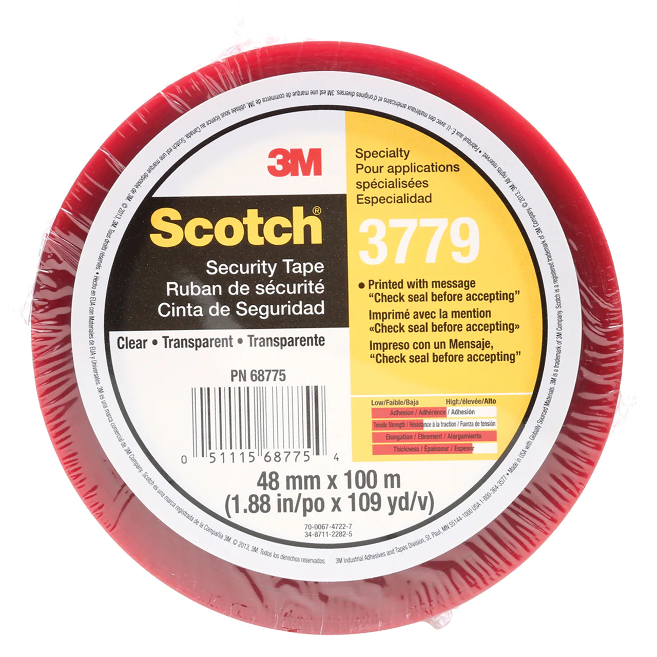 3M 7010374964 | 3.000" Size x 109.360yd OAL x 1.880" Width x 1.200mil Baking Thickness Polypropylene Film 3779 Box Sealing Tape - Transparent