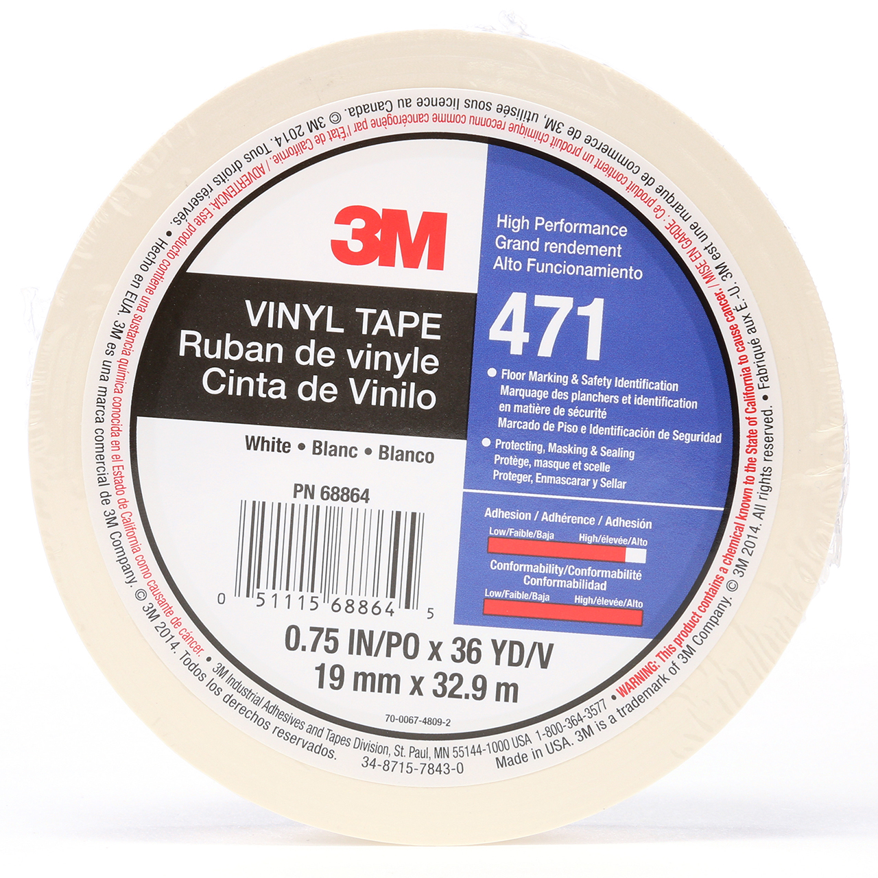3M 7100044643 | 471 36 yd x 0.750" Width x 5.2 mil Thickness Vinyl Tape