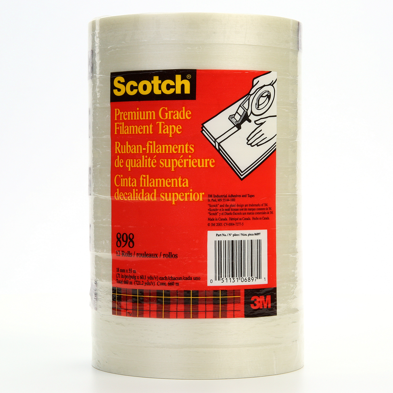 3M 7000028930 | Scotch 3.000" Size x 60.140yd OAL x 0.700" Width Polypropylene Film 898 Filament Tape - Transparent