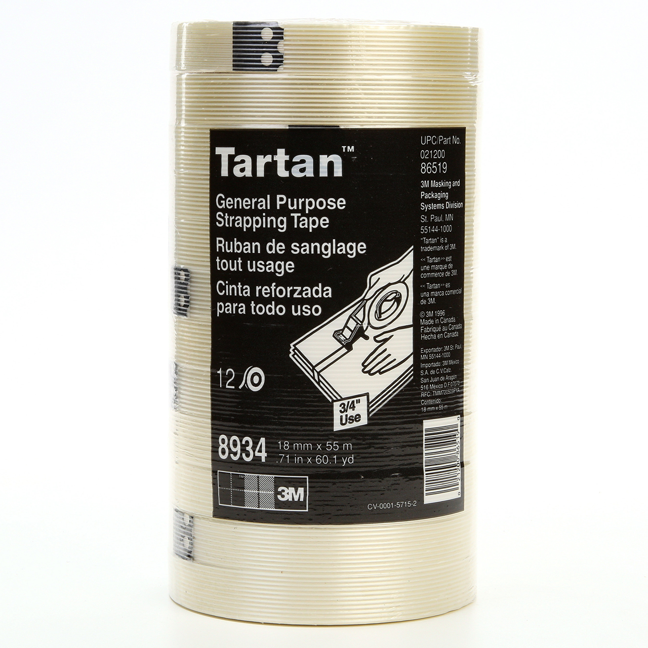 3M 7000028886 | Tartan 3.000" Size x 60.140yd OAL x 0.700" Width Polypropylene Film 8934 Filament Tape - Transparent