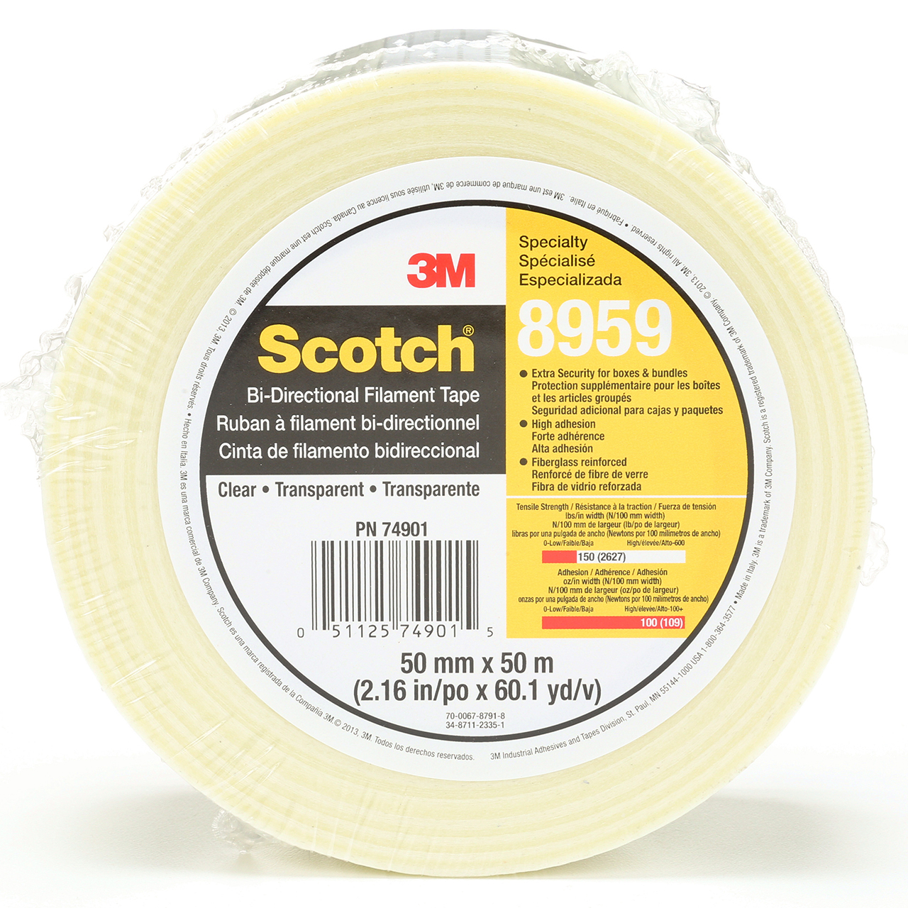 3M 7010375600 | Scotch 3.000" Size x 54.680yd OAL x 1.960" Width Polypropylene Film 8959 Filament Tape - Transparent