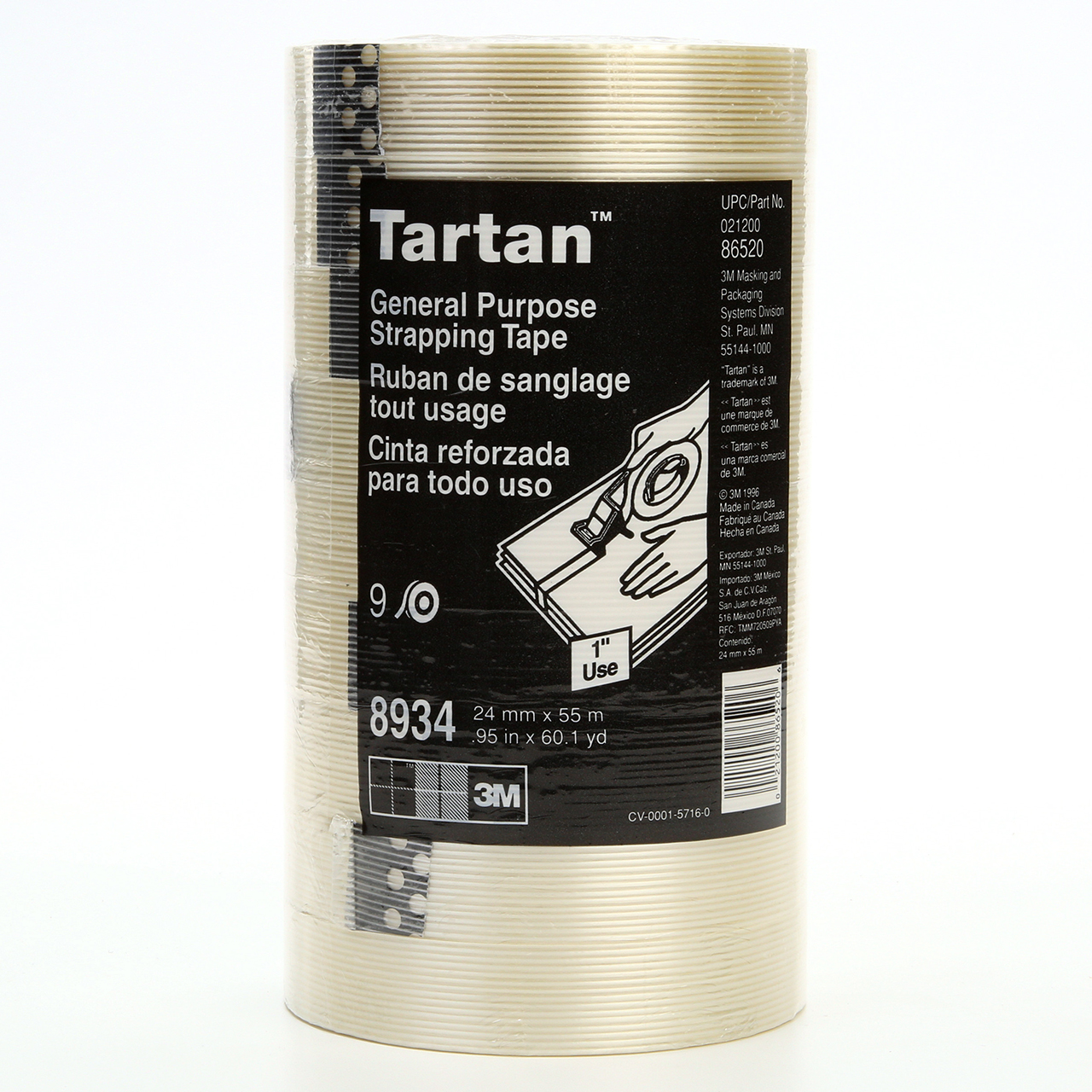 3M 7000028887 | Tartan 3.000" Size x 60.140yd OAL x 0.940" Width Polypropylene Film 8934 Filament Tape - Transparent