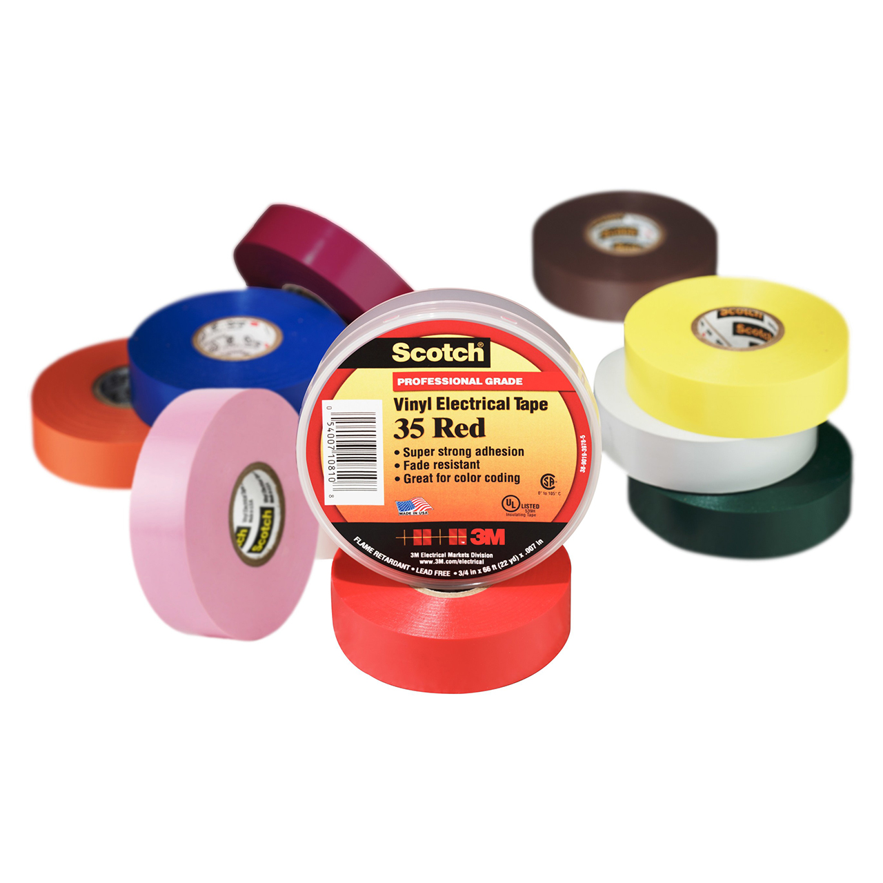 3M 7010297490 | 35-1/2X20FT-MUL Scotch 20' OAL x 0.500" Width x 7.0 mil Thickness Color Coding Electrical Tape