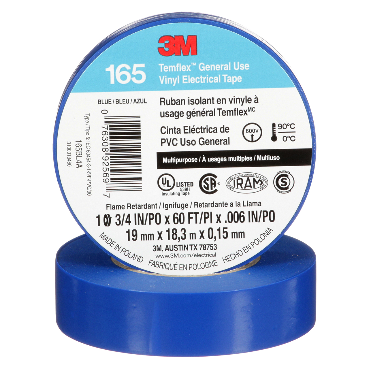 3M 7100169429 | 165BL4A Temflex 60' OAL x 0.750" Width x 0.006" Thickness Electrical Tape