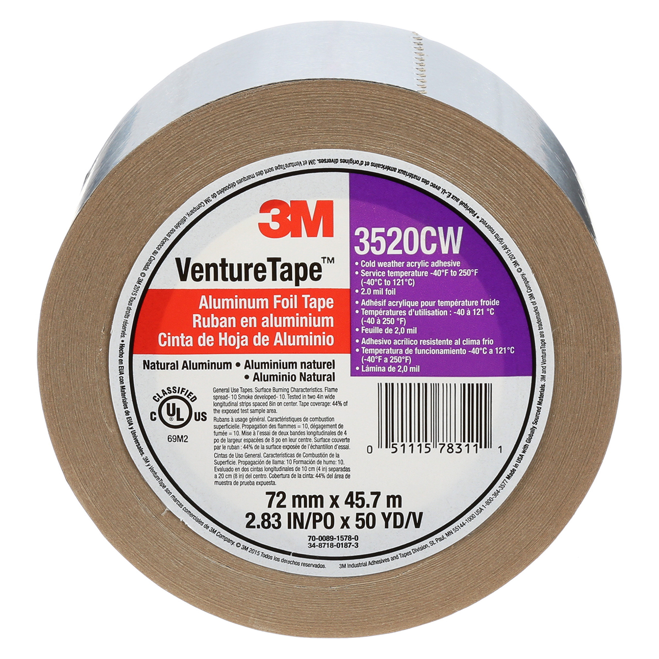 3M 7100043750 | Venture Tape 50 yd x 2.830" Width x 3.5 mil Thickness Aluminum Tape