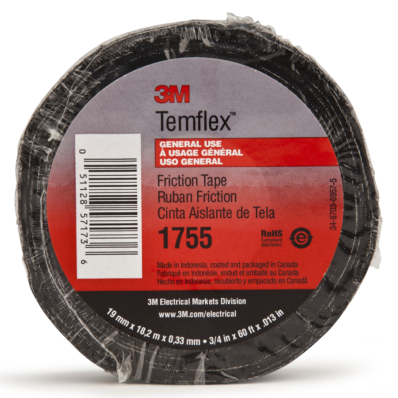 3M 7010297809 | 1755-3/4X82.5FT Temflex 82.5' OAL x 0.750" Width x 13.0 mil Thickness Electrical Tape