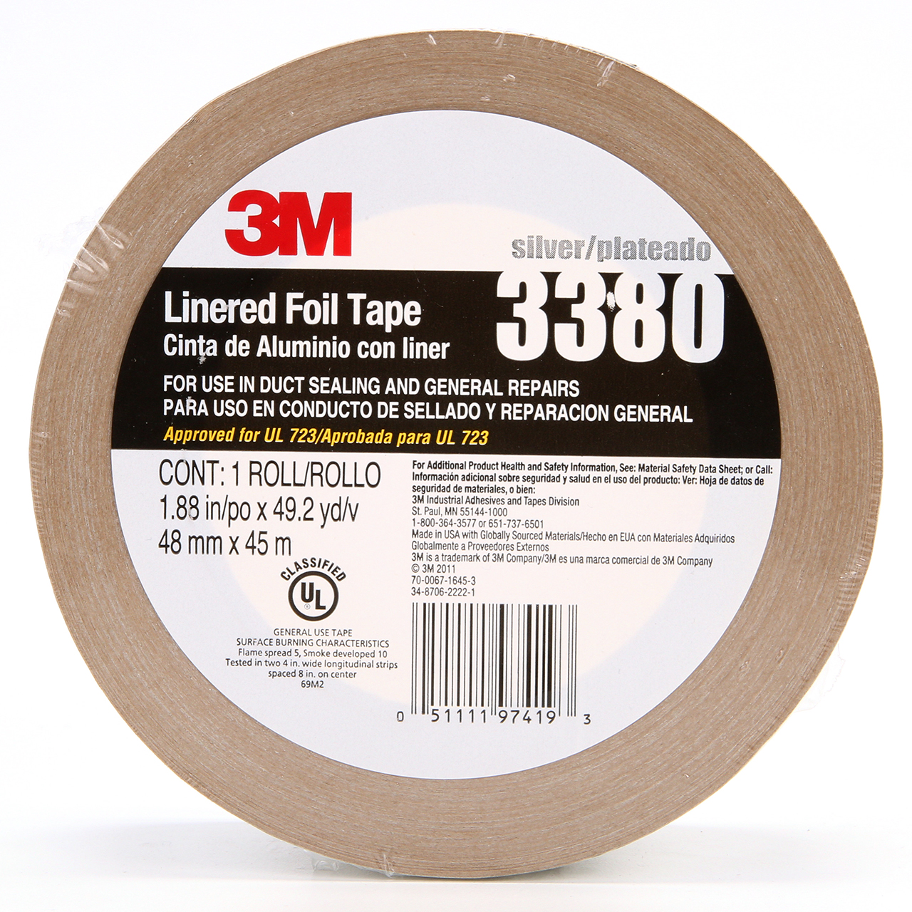 3M 7000049613 | 49.21 yd x 1.880" Width x 3.3 mil Thickness Aluminum Tape