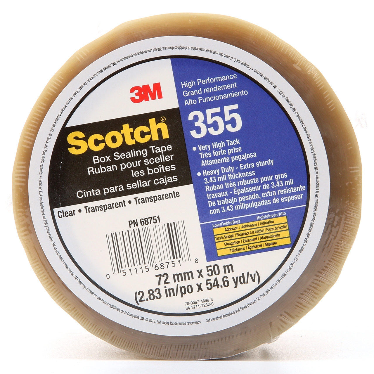 3M 7010374956 | 3.000" Size x 54.680yd OAL x 2.830" Width x 2.000mil Baking Thickness Polyester 355 Box Sealing Tape - Transparent