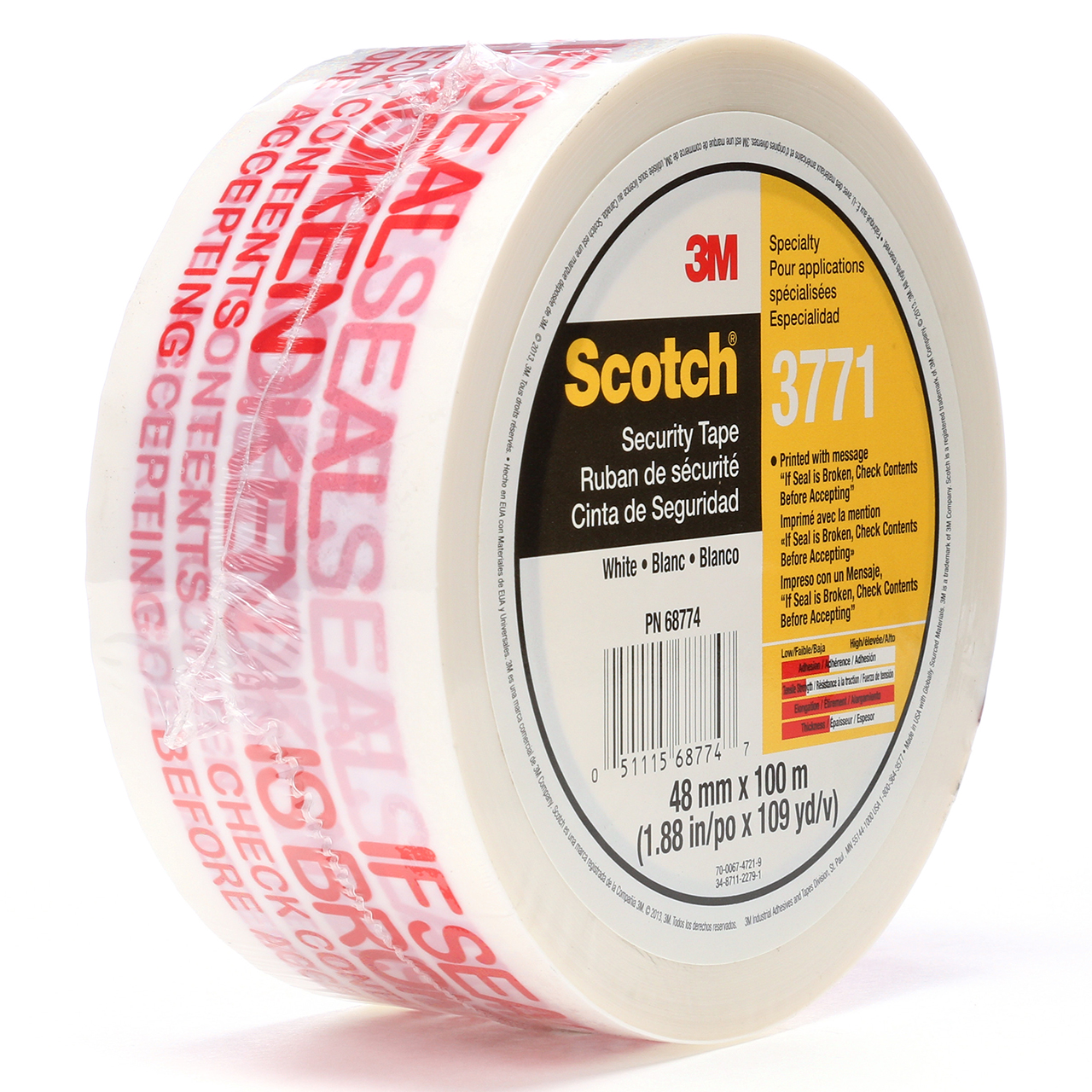 3M 7010302431 | 3.000" Size x 109.360yd OAL x 1.880" Width x 1.200mil Baking Thickness Polypropylene Film 3771 Box Sealing Tape - White