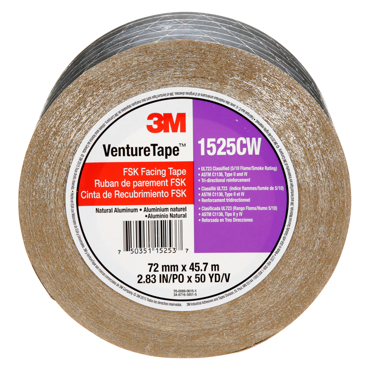 3M 7100043764 | 1525CW Venture Tape 54.68 yd x 2.830" Width x 5.5 mil Thickness Aluminum Tape