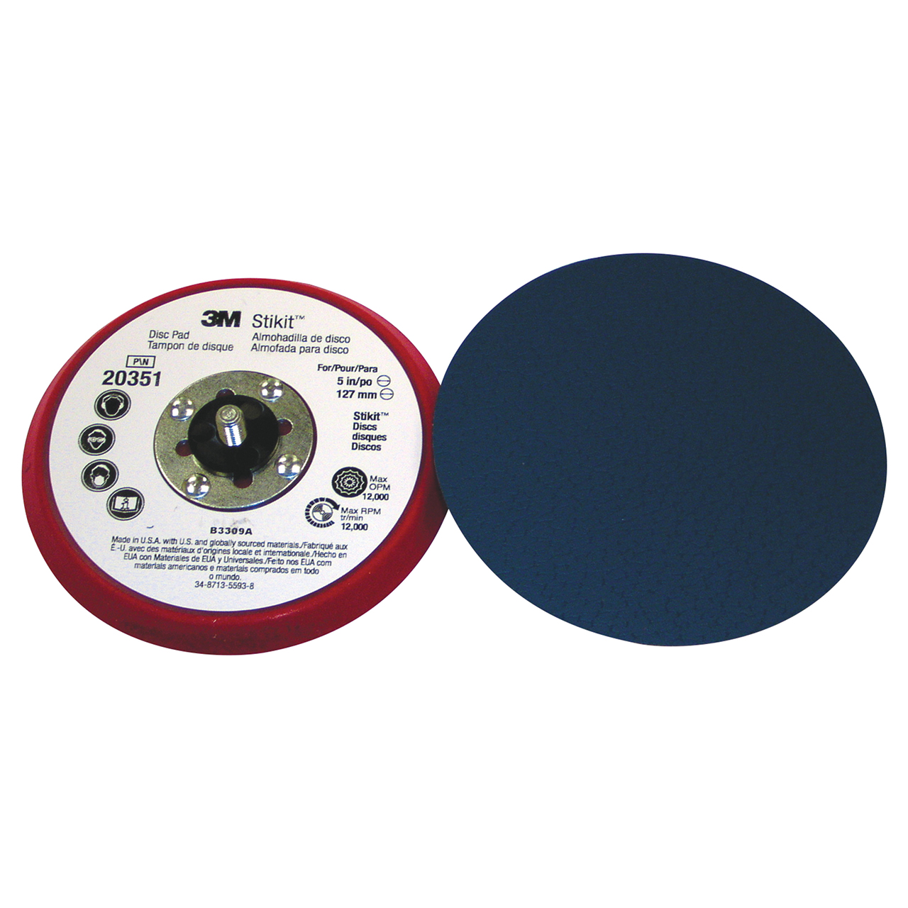 3M 7000118611 | 20351 Stikit 5" Diameter x 5/16"-24 EXT Thread x 3/8" Thickness x 9/16" OAL x 6" Width Disc Pad