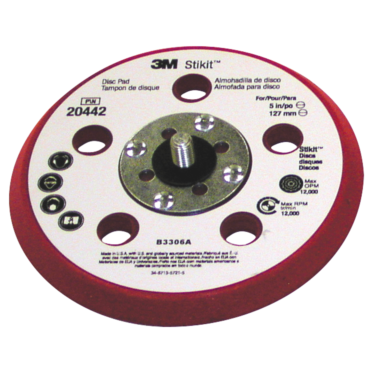 3M 7100044784 | 05655 Stikit 5" Diameter x 5/16-24 EXT Thread x 3/8" Thickness x 12000 RPM 5.0 Hole Disc Pad