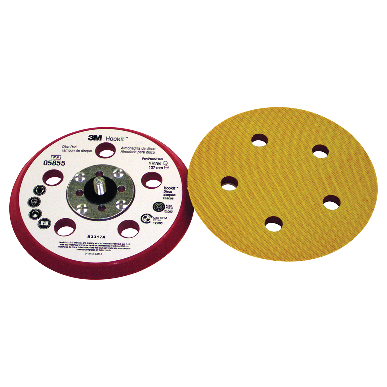 3M 7100042434 | 05855 Hookit 5" Diameter x 5/16-24 EXT Thread x 3/8" Thickness x 9/16" OAL x 6" Width 5.0 Hole Backup Pad