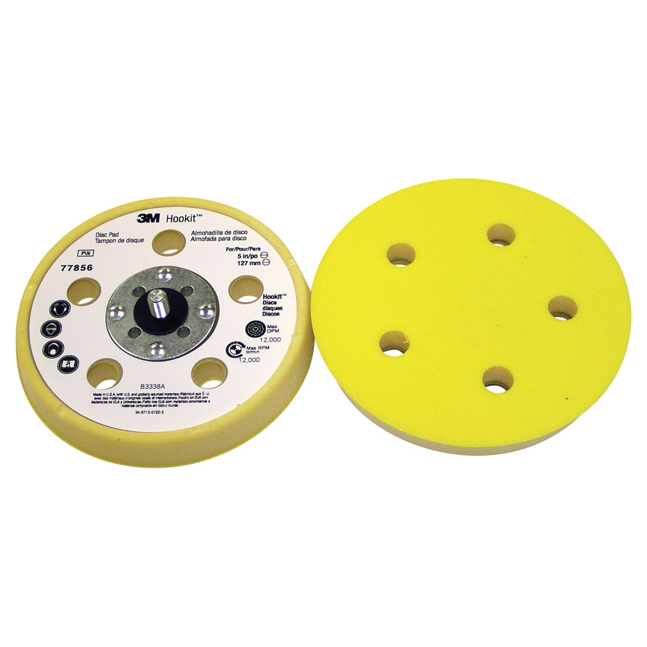 3M 7100028484 | 77856 Hookit 5" Diameter x 5/16-24 EXT Thread x 11/16" Thickness x 12000 RPM 5.0 Hole Disc Pad