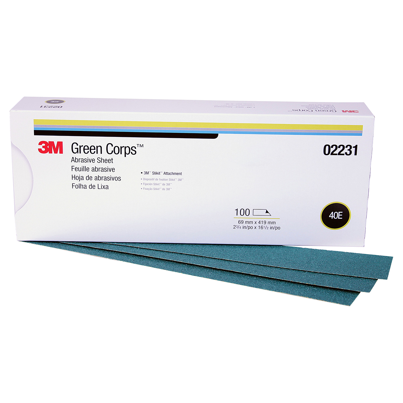 3M 7000118370 | 02231 Green Corps Stikit Production 2-3/4" Width x 16-1/2" OAL x E Weight 40 Grit Aluminum Oxide Sand Paper Sheet