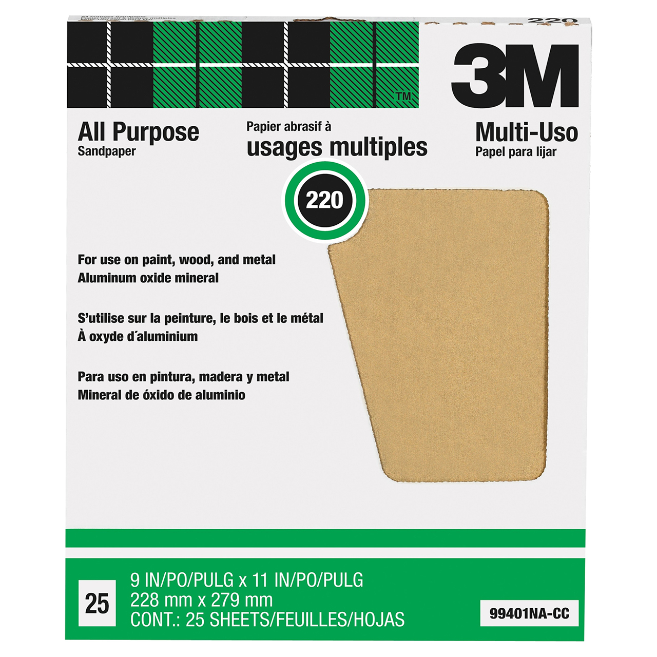 3M 7100089199 | Pro-Pak 9" Width x 11" OAL 220 Grit Very Fine Aluminum Oxide Sandpaper