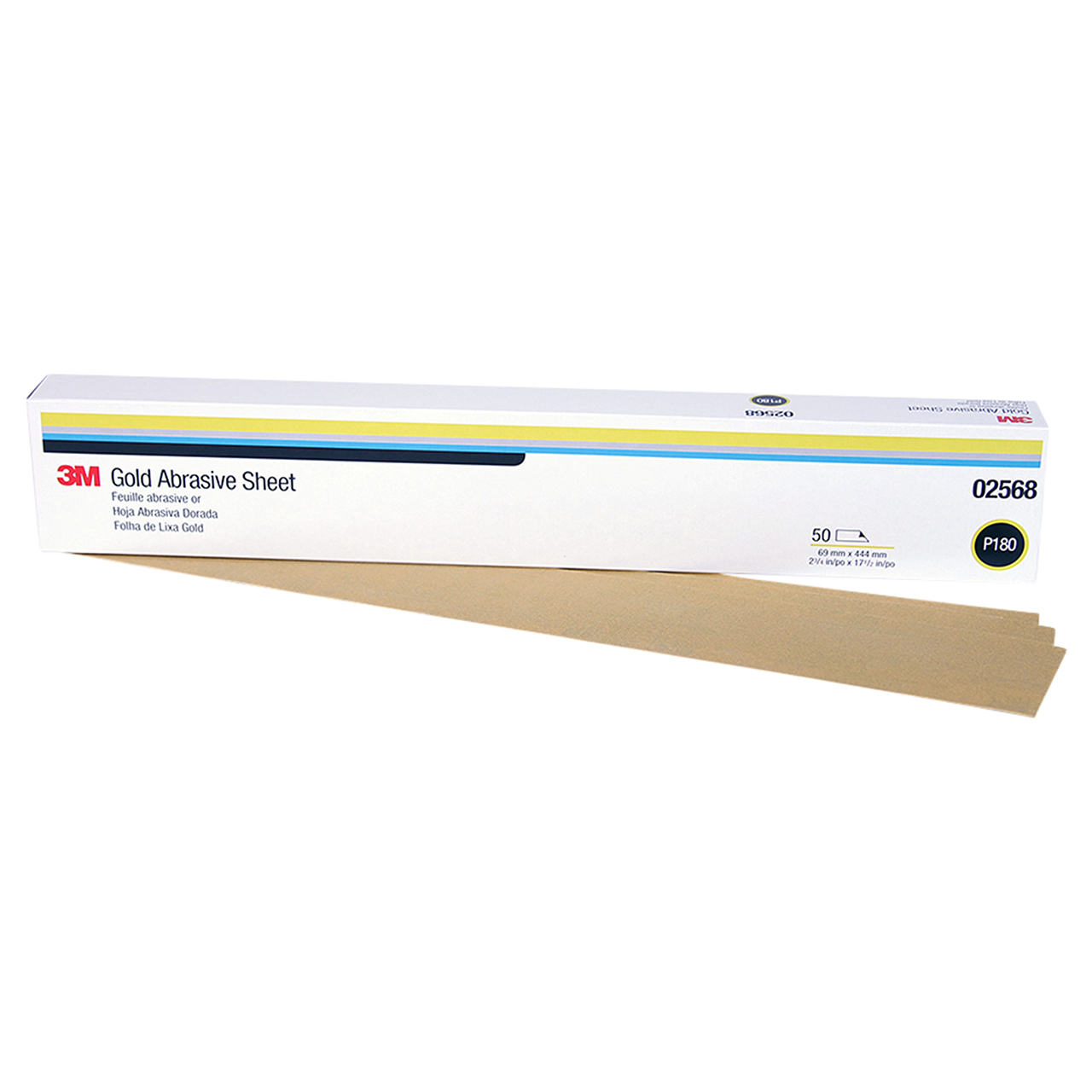 3M 7000118226 | 02568 2-3/4" Width x 17-1/2" OAL x A Weight P180 Grit 216U Aluminum Oxide Gold Abrasive Sheet